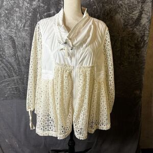 Anthropologie Jacket Large Ivory Eyelet Cowl Neck Zip Pockets Boho‎ Light NEW